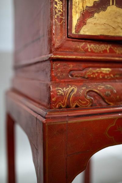 Pair of Chinese Export Bronze Mounted Red Lacquer and Parcel Gilt Cabinets