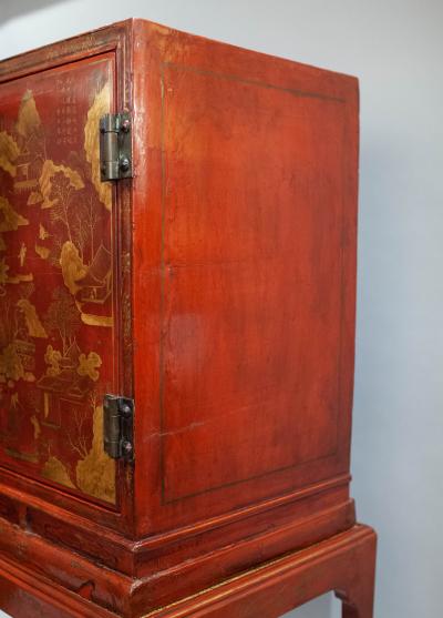 Pair of Chinese Export Bronze Mounted Red Lacquer and Parcel Gilt Cabinets