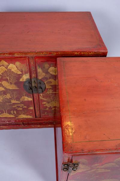 Pair of Chinese Export Bronze Mounted Red Lacquer and Parcel Gilt Cabinets
