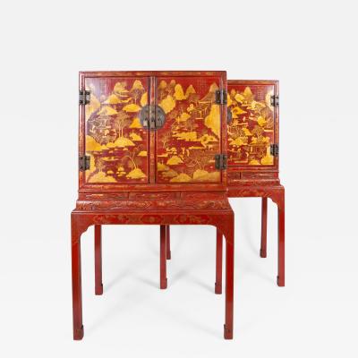 Pair of Chinese Export Bronze Mounted Red Lacquer and Parcel Gilt Cabinets