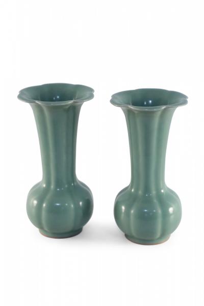 Pair of Chinese Fluted and Scalloped Celadon Porcelain Vases