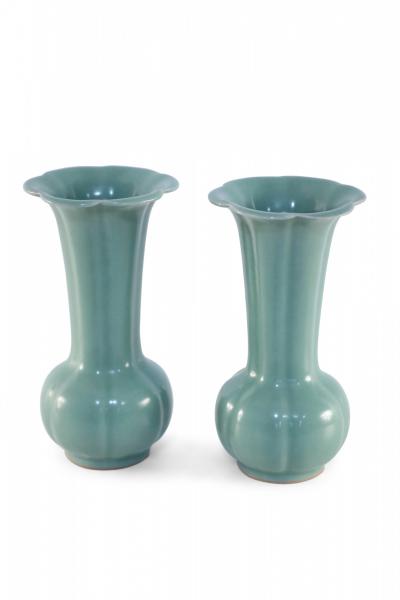 Pair of Chinese Fluted and Scalloped Celadon Porcelain Vases