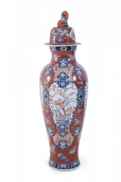 Pair of Chinese Imari Style Monumental Lidded Porcelain Urns