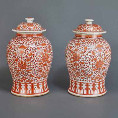 Pair of Chinese Iron Red and White Temple Jars