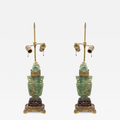 Pair of Chinese Jade colored Hardstone Lamps