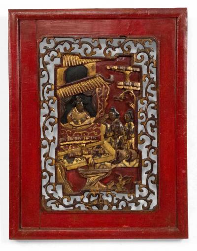 Pair of Chinese Lacquered Carved Wall Plaques