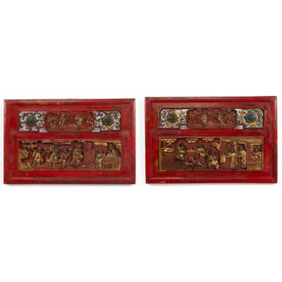 Pair of Chinese Lacquered Carved Wall Plaques