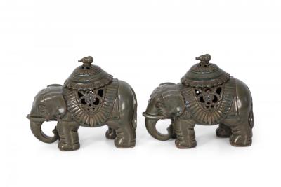 Pair of Chinese Lidded Porcelain Elephant Figurines