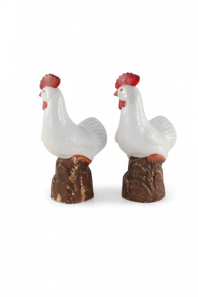 Pair of Chinese Mid Century White Porcelain Chickens
