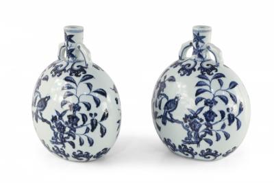 Pair of Chinese Ming Dynasty Style Blue and White Porcelain Moonflask Vases