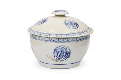 Pair of Chinese Mixed Blue White Porcelain Covered Bowls with Bird Decoration