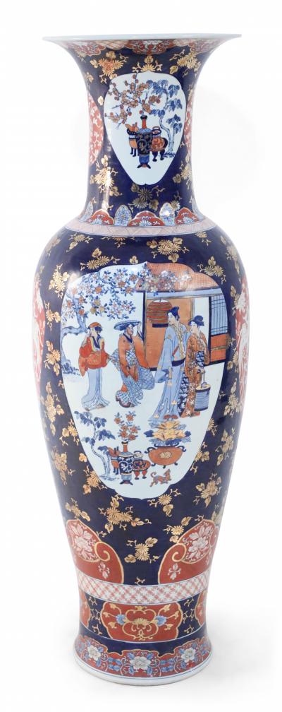 Pair of Chinese Monumental Imari Style Blue Porcelain Urns