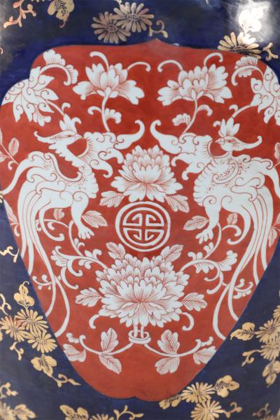 Pair of Chinese Monumental Imari Style Blue Porcelain Urns