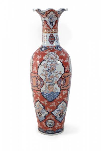 Pair of Chinese Monumental Imari Style Monumental Orange Porcelain Vases