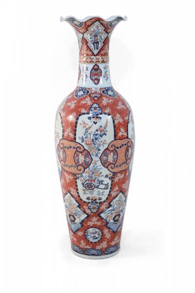 Pair of Chinese Monumental Imari Style Monumental Orange Porcelain Vases