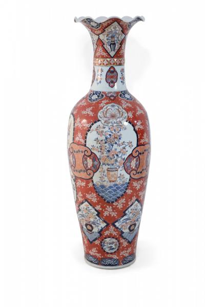 Pair of Chinese Monumental Imari Style Monumental Orange Porcelain Vases