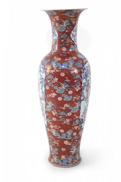 Pair of Chinese Monumental Imari Style Orange Porcelain Urns