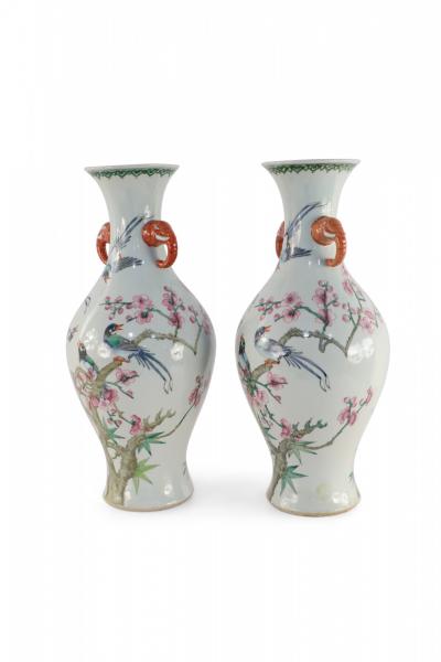 Pair of Chinese Off White Cherry Blossom Tree and Bird Motif Porcelain Vases