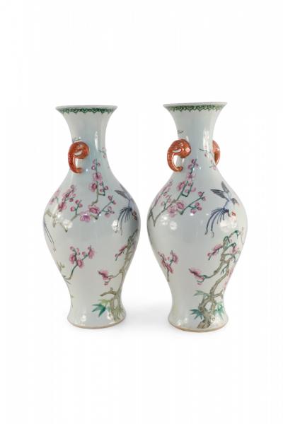 Pair of Chinese Off White Cherry Blossom Tree and Bird Motif Porcelain Vases