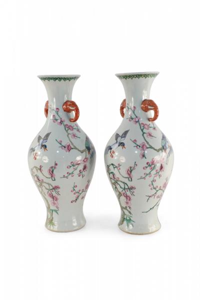 Pair of Chinese Off White Cherry Blossom Tree and Bird Motif Porcelain Vases