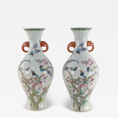 Pair of Chinese Off White Cherry Blossom Tree and Bird Motif Porcelain Vases