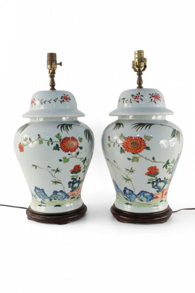 Pair of Chinese Off White Floral and Bamboo Design Table Lamps