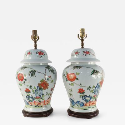 Pair of Chinese Off White Floral and Bamboo Design Table Lamps