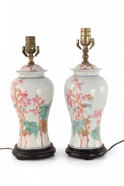 Pair of Chinese Off White Orange and Pink Floral Motif Porcelain Table Lamps