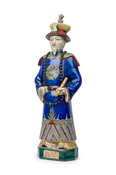 Pair of Chinese Painted Ceramic Figures Depicting a Blue Robed Emperor