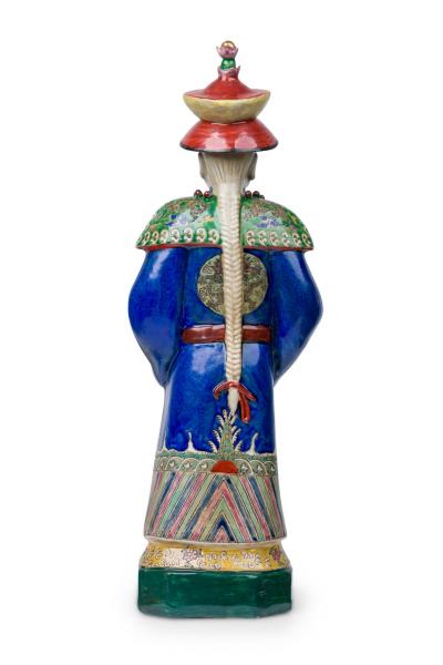 Pair of Chinese Painted Ceramic Figures Depicting a Blue Robed Emperor