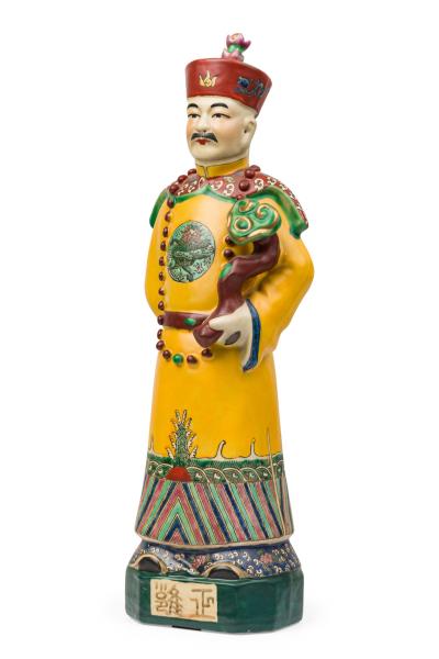 Pair of Chinese Painted Ceramic Figures Depicting a Yellow Robed Emperor