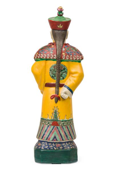 Pair of Chinese Painted Ceramic Figures Depicting a Yellow Robed Emperor