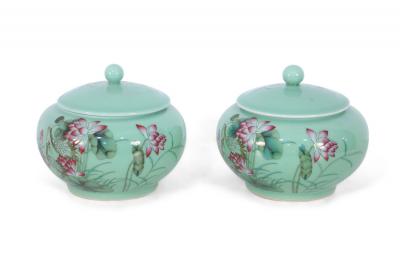 Pair of Chinese Pale Green and Pink Blossom Lidded Jars