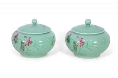 Pair of Chinese Pale Green and Pink Blossom Lidded Jars