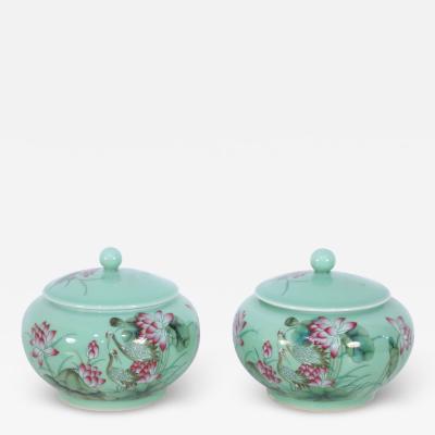 Pair of Chinese Pale Green and Pink Blossom Lidded Jars