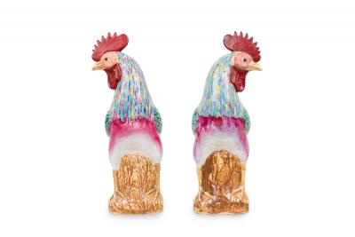 Pair of Chinese Polychrome Porcelain Roosters