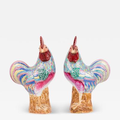 Pair of Chinese Polychrome Porcelain Roosters