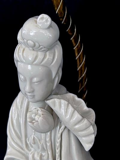 Pair of Chinese Porcelain Blanc de Chine Figural Lamps of the Goddess GuanYin