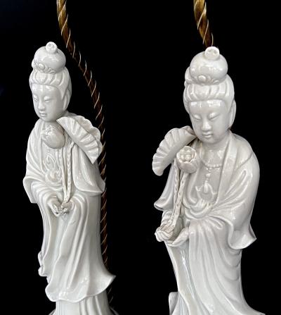 Pair of Chinese Porcelain Blanc de Chine Figural Lamps of the Goddess GuanYin