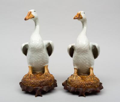Pair of Chinese Porcelain Ducks on Stands