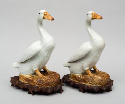 Pair of Chinese Porcelain Ducks on Stands