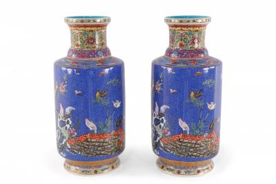 Pair of Chinese Qing Dynasty Style Blue Famille Floral Porcelain Mallet Bottles