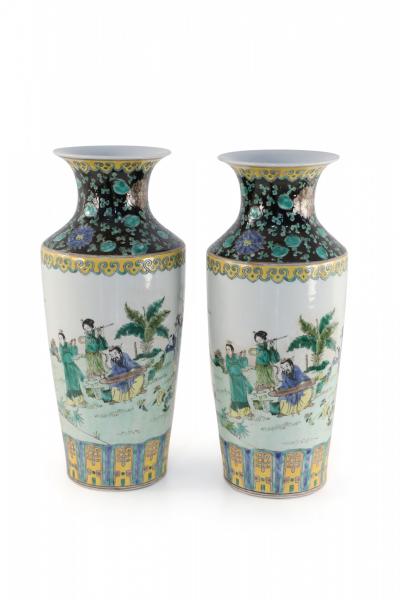 Pair of Chinese Qing Dynasty Style Garden Scene Porcelain Sleeve Vases