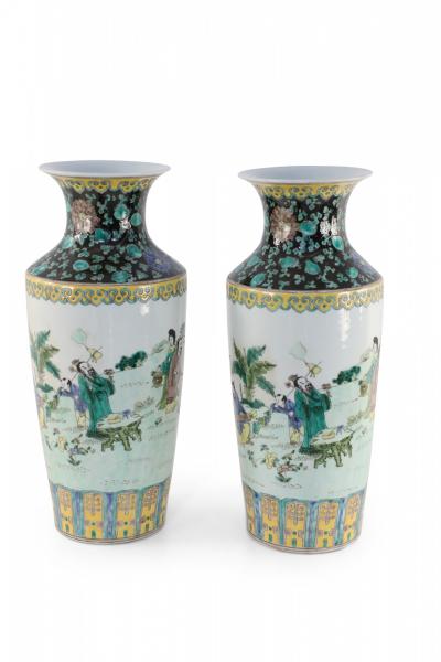 Pair of Chinese Qing Dynasty Style Garden Scene Porcelain Sleeve Vases