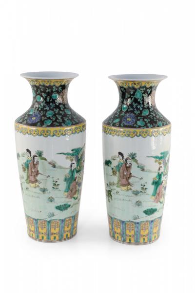 Pair of Chinese Qing Dynasty Style Garden Scene Porcelain Sleeve Vases