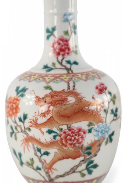 Pair of Chinese Qing Dynasty Style Orange Dragon and Floral Motif Porcelain Vase