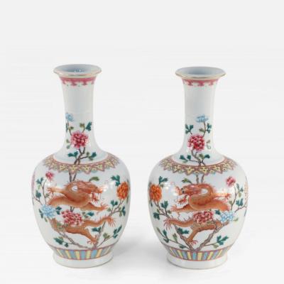 Pair of Chinese Qing Dynasty Style Orange Dragon and Floral Motif Porcelain Vase