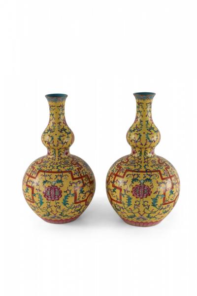 Pair of Chinese Qing Dynasty Style Yellow and Floral Design Double Gourd Vases