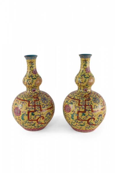 Pair of Chinese Qing Dynasty Style Yellow and Floral Design Double Gourd Vases