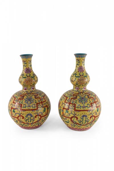 Pair of Chinese Qing Dynasty Style Yellow and Floral Design Double Gourd Vases